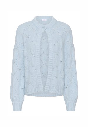 Cardigan tricoté bleu clair avec motif en losange, manches longues, poignets et ourlet côtelés, et fermeture par un bouton au col rond.