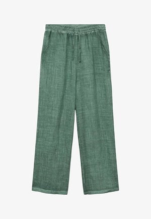 Zelene lanene hlače s elastičnim pojasom i vezicom, s bočnim džepovima i dizajnom širokih nogavica za slobodan kroj.