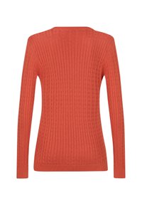 Rode geribbelde trui met lange mouwen, een ronde hals en een gestructureerd patroon. Heeft een aansluitende pasvorm en is in een effen kleur uitgevoerd.
