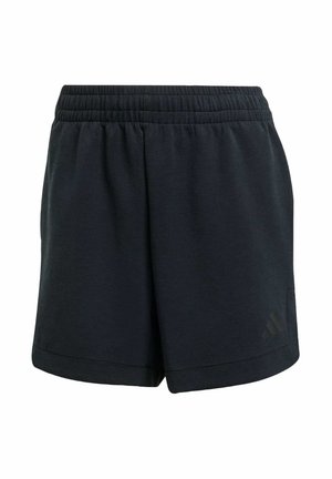 Shorts de sport noirs avec une taille élastique, en tissu doux, et un logo discret sur le côté. Présente une coupe décontractée et une texture lisse.