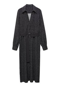 Robe midi noire à manches longues avec des pois blancs, un col à revers, une fermeture à boutons sur le devant et une ceinture assortie en tissu avec une boucle argentée.