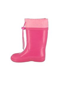 Botte de pluie en caoutchouc rose avec un design solide, une semelle texturée et une bande décorative rose en haut affichant un motif de fer à cheval et un cordon de serrage.