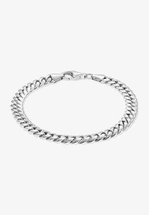 Silberne Kettenarmband mit ineinander greifenden Gliedern, das mit einer polierten Oberfläche und einem stabilen Karabinerverschluss versehen ist. Die Maße sind ungefähr mittel bis groß.