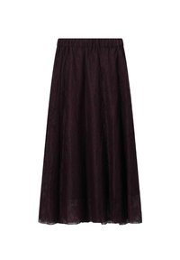 Jupe en dentelle bordeaux avec une taille élastique, design long, texture légère et motifs floraux tout au long.