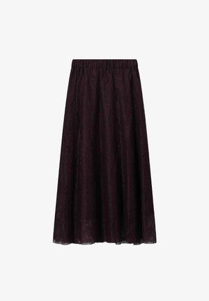 Bordeaux kanten rok met een elastische tailleband, volledige lengte, lichte textuur en bloemenpatroon detail over de hele rok.