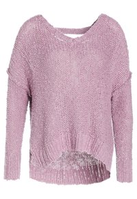 Fialový pletený svetr s dlouhými rukávy, širokým výstřihem a vysokým-lower ribbed lemem s volným, texturovaným vzorem.