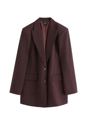 Blazer bordeaux realizzato in tessuto strutturato, con colletto a rever, due tasche anteriori e due bottoni. Texture liscia con taglio su misura.