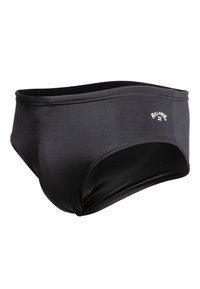 Svarta simkalsonger i mjukt, flexibelt material. Har en logo på framsidan och ett elastiskt midjeband för en säker passform.
