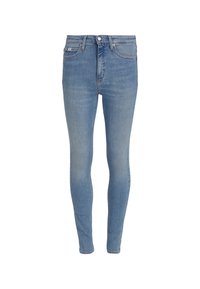 Világoskék farmer skinny nadrág közepes derékszabású derékkal, öt zsebes dizájnnal és enyhe kopással az elején. Gombbal és cipzárral záródik.