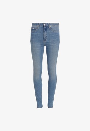 Vaaleansiniset denim-venyvät farkut, joissa on keskikorkea vyötärö, viisi taskua ja hieno haalistuminen edessä. Napin ja vetoketjun sulku.