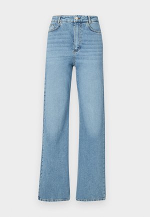 Lyseblå vidbente jeans laget av denim. Har fem lommer, frontknapplukking og et rent, uutsmykket design.