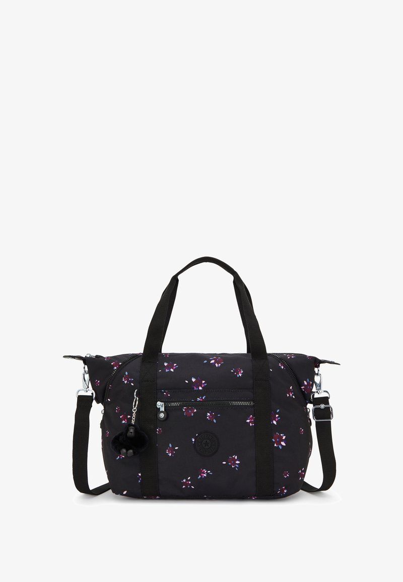 Czarna torba na ramię z tkaniny z małymi fioletowo-różowymi wzorami kwiatowymi, podwójne uchwyty, przednia kieszeń na zamek oraz odczepiany pasek na ramię.