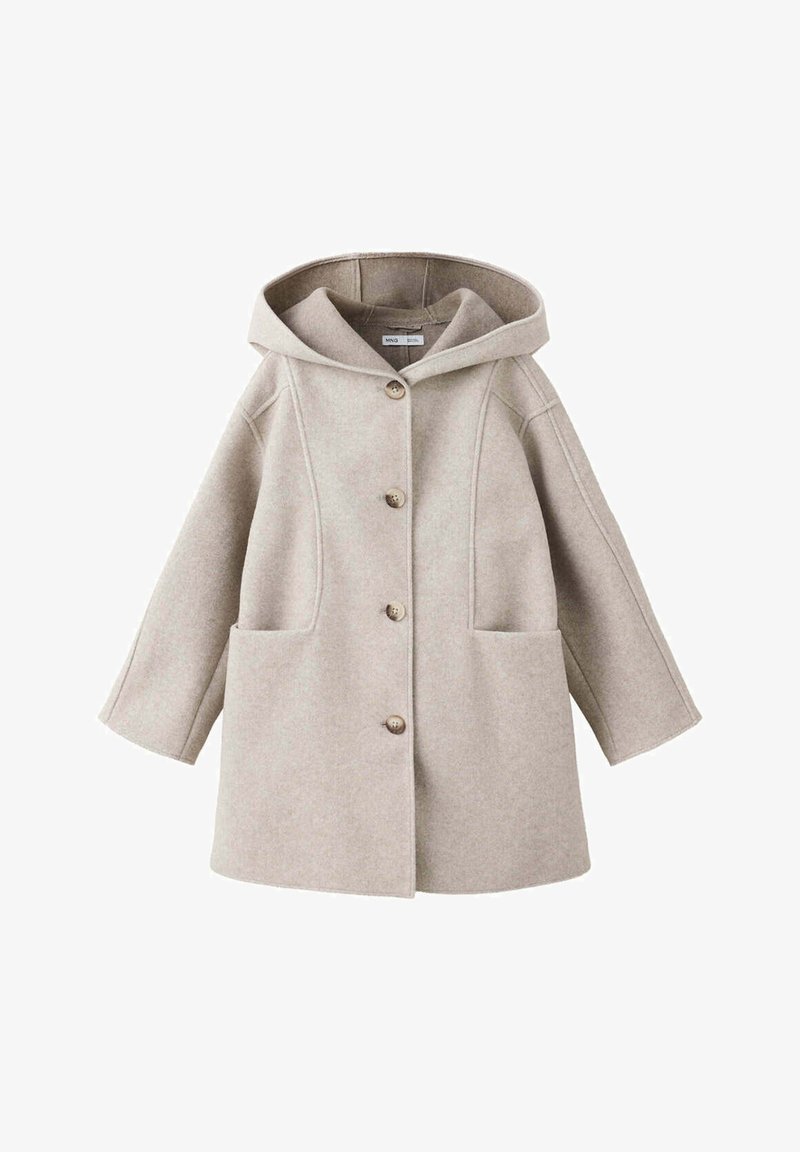 Manteau à capuche en laine beige clair avec manches longues, quatre boutons sur le devant, deux grandes poches avant et coutures visibles.