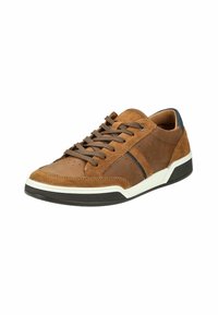 Zapatillas de ante y cuero marrón con diseño perforado, cordones planos, media suela blanca y detalles en azul marino en el talón. Suela de goma.