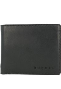 Black leather wallet with embossed 'bugatti' logo. Features a smooth texture and subtle stitching along edges. Compact bi-fold design.