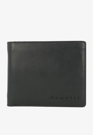 Black leather wallet with embossed 'bugatti' logo. Features a smooth texture and subtle stitching along edges. Compact bi-fold design.