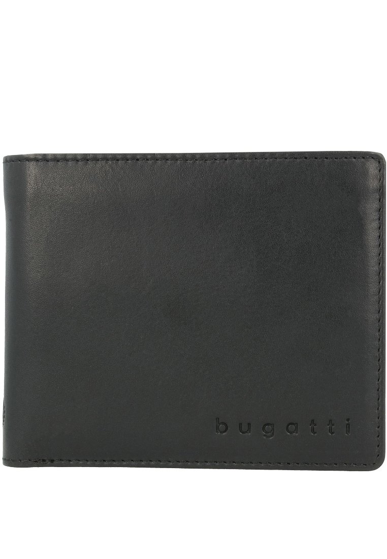 Black leather wallet with embossed 'bugatti' logo. Features a smooth texture and subtle stitching along edges. Compact bi-fold design.