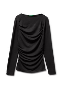 Černý dlouhý rukáv top s nařaseným materiálem po stranách a širokým výstřihem. Vyrobeno z měkkého, elastického materiálu. Štítek viditelný na límci.