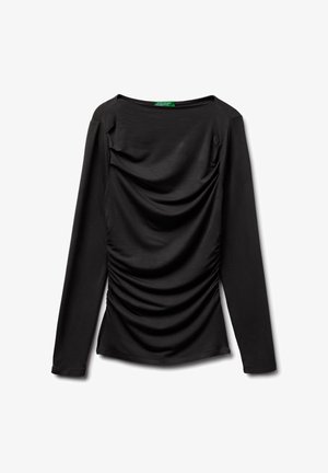 Black long-sleeve top with gathered fabric at the sides and a wide neckline. Made from soft, stretchy material. Label visible on the collar.