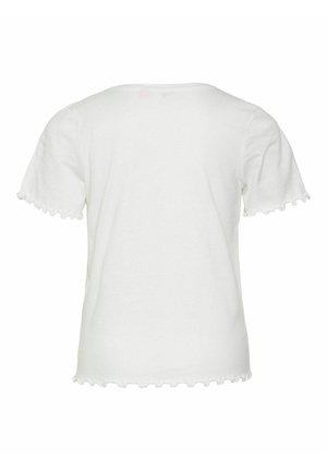 Camiseta blanca de manga corta con cuello redondo, que presenta bordes con volantes en las mangas y el dobladillo. Fabricada en un suave y ligero material de algodón.