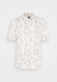 Camicia a maniche corte in tessuto bianco con motivo floreale beige. Presenta un colletto classico e chiusura con bottoni. Etichetta sul lato della cucitura.