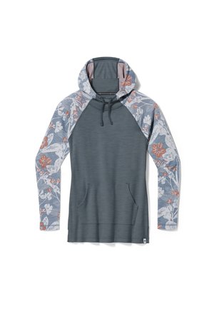 Bluza z kapturem i długim rękawem z jednolitym ciemnoszarym korpusem, rękawy w kwiatowy wzór w kolorach niebieskim, białym i pomarańczowym oraz kieszenią kangur na przodzie.