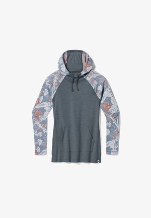 Pull à capuche à manches longues avec corps uni gris foncé, manches à motifs floraux en bleu, blanc et orange, et poche kangourou à l'avant.