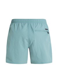 Jasnoniebieskie męskie spodenki kąpielowe z elastycznym pasem i kieszenią na zamek z tyłu na białym tle.