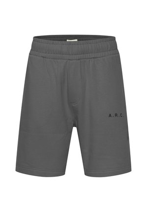 Gray athletic shorts with an elastic waistband, featuring a subtle front seam and black printed text "A.R.C." on the left side.