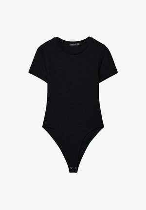 Black short-sleeve bodysuit made of ribbed fabric. Features a round neckline, high-cut legs, and snap closures at the bottom.