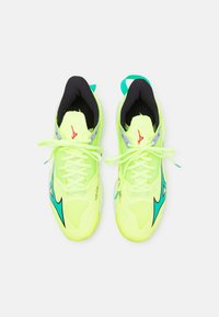 Neon yellow running shoes with black and turquoise accents, mesh fabric, flat laces, and a padded collar for comfort.