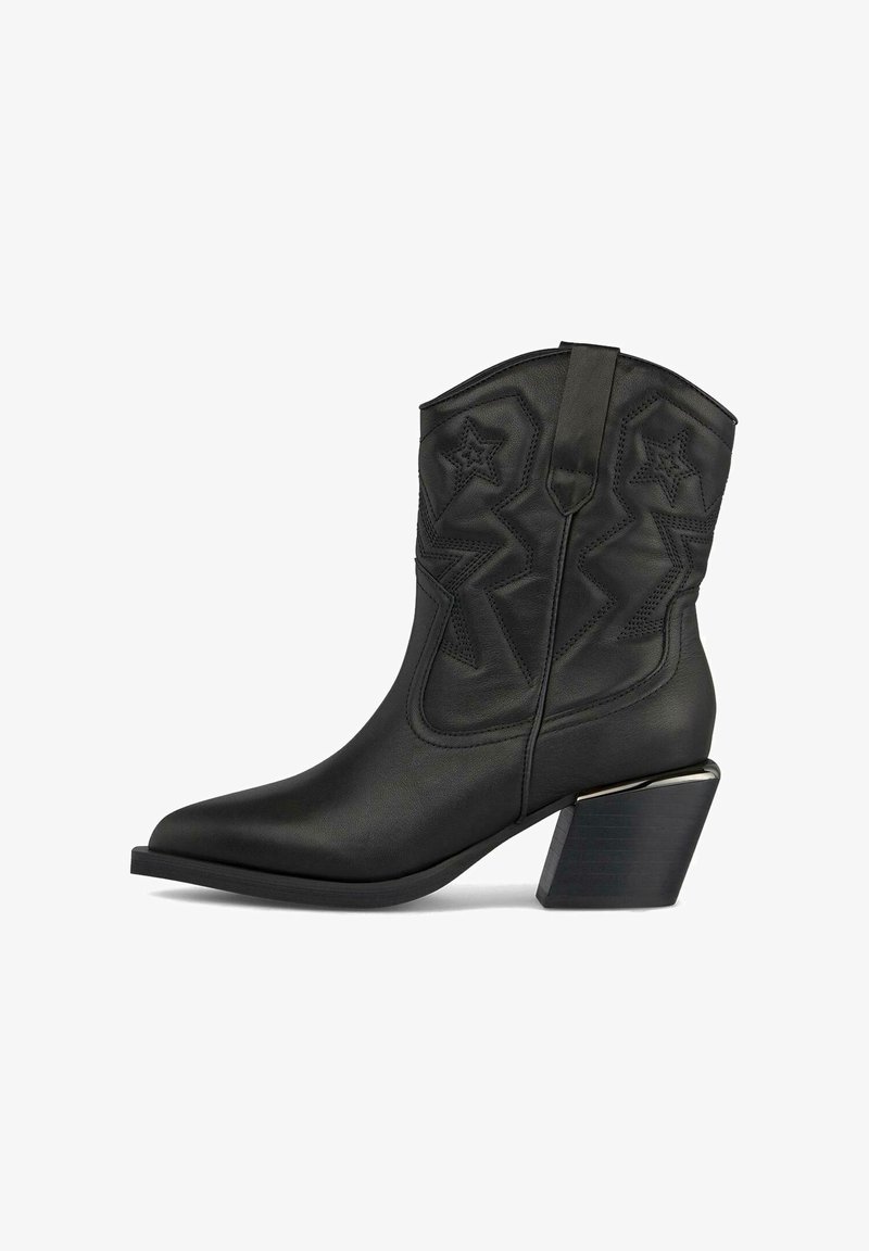 Stivali da cowboy neri in pelle, con motivi a stella, punta affusolata e tacco a blocco con un accento metallico.