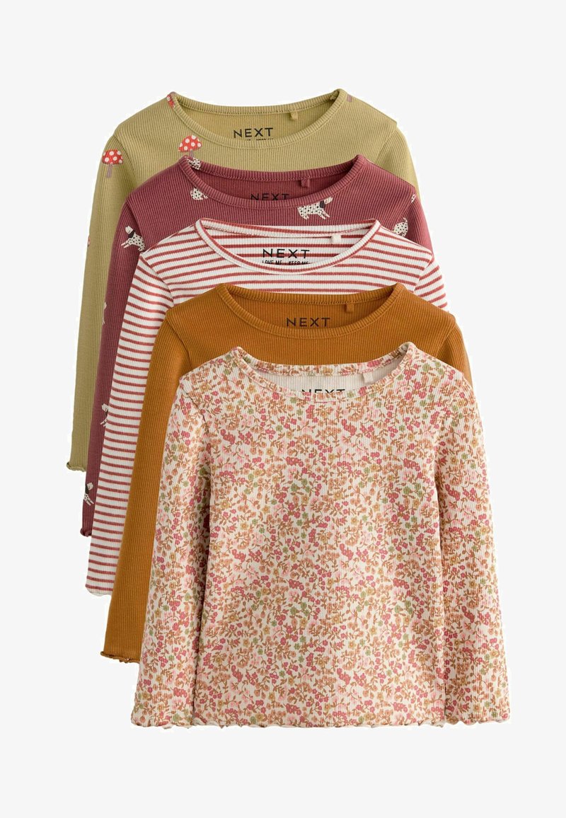 Stack of five long-sleeve ribbed shirts for children in floral, mustard, striped, mauve with dog print, and olive with mushroom print patterns.