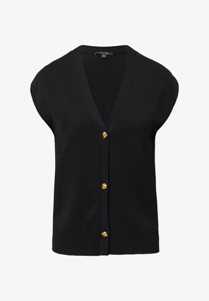 Black knitted vest with a deep V-neck, short dolman sleeves, and gold buttons down the front. Soft texture and ribbed hem detail.