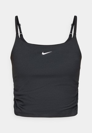 Top sportivo nero corto con spalline sottili e regolabili, caratterizzato da un logo Nike bianco sul petto e un design arricciato nella parte inferiore. Tessuto liscio.
