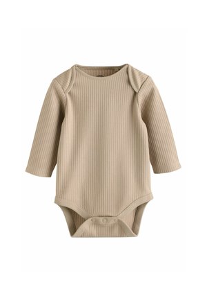 Body pentru bebeluși cu mânecă lungă, dintr-un material ribbed bej, cu guler rotund și sistem de închidere cu capse la baza pentru îmbrăcare ușoară.