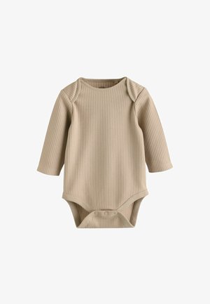 Vauvan pitkähihaisessa bodysuitissa on beige ribbikangas, pyöreä kaula-aukko ja napitus alaosassa helppoa pukemista varten.