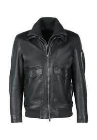 Svart läderjacka med zip fram, ribbat krage och två framfickor. Slät yta med synliga sömdetaljer.