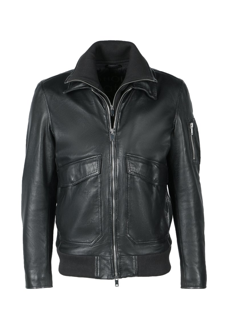 Svart läderjacka med zip fram, ribbat krage och två framfickor. Slät yta med synliga sömdetaljer.