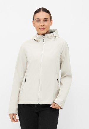 Light beige jacket with a hood, full-length zipper, two side pockets, and elastic cuffs. Smooth, slightly textured fabric.