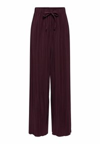 Pantalons à jambes larges en bordeaux profond, avec un design texturé et plissé, taille élastique avec cordon de serrage pour un ajustement personnalisable.