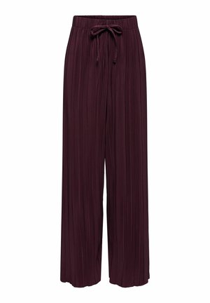 Pantaloni a gamba larga in un profondo bordeaux, con un design testurizzato e plissettato, vita elastica con cordoncino per una vestibilità regolabile.