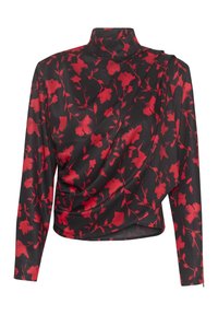 Schwarzes Langarmoberteil mit hohem Kragen und drapiertem Design, verziert mit einem roten Blumenmuster auf dem Stoff.