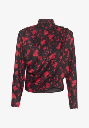 Top lungo nero a maniche lunghe con colletto alto e design drappeggiato, decorato con un motivo floreale rosso su tutta la stoffa.