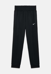 Zwarte sportbroek met elastische tailleband, taps toelopende boorden en het witte Nike-logo op het linkerpijp. Glad, lichtgewicht stof.