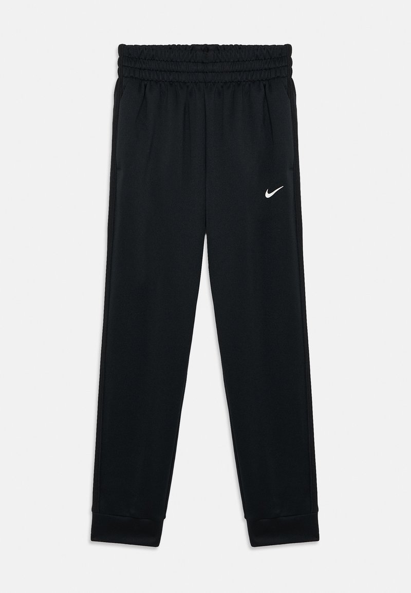 Zwarte sportbroek met elastische tailleband, taps toelopende boorden en het witte Nike-logo op het linkerpijp. Glad, lichtgewicht stof.