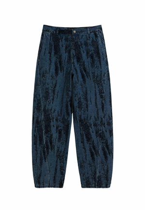 Dark blue denim pants with a textured, patterned finish featuring vertical lines. Fitted waist with a button closure and wide legs.