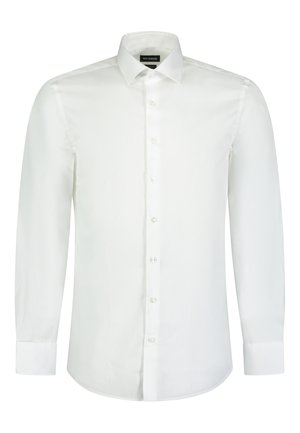Camicia bianca a maniche lunghe con bottoni, realizzata in tessuto morbido. Presenta un colletto classico e dettagli di bottoni discreti, con polsini e orlo semplici.
