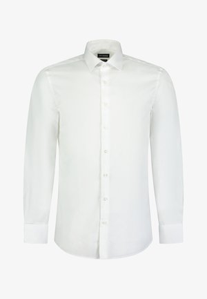 Camicia bianca a maniche lunghe con bottoni, realizzata in tessuto morbido. Presenta un colletto classico e dettagli di bottoni discreti, con polsini e orlo semplici.