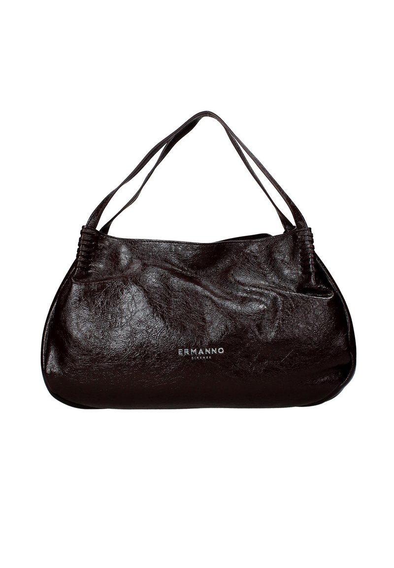 Borsa a mano in pelle marrone scuro con una texture leggermente stropicciata, dotata di due manici per spalla e un logo impresso sul davanti.